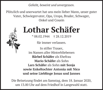 Traueranzeige von Lothar Schäfer von Märkische Oderzeitung