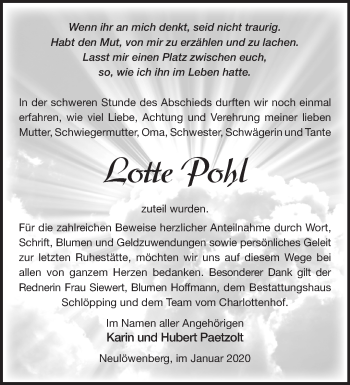 Traueranzeige von Lotte Pohl von Märkische Oderzeitung