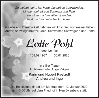 Traueranzeige von Lotte Pohl von Märkische Oderzeitung