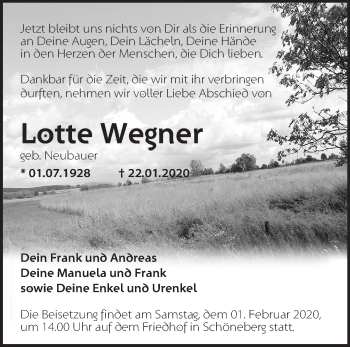 Traueranzeige von Lotte Wegner von Märkische Oderzeitung