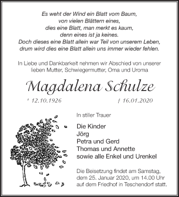 Traueranzeige von Magdalena Schulze von Märkische Oderzeitung