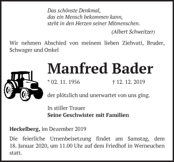 Traueranzeige von Manfred Bader von Märkische Oderzeitung