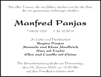 Traueranzeige von Manfred Panjas von Märkische Oderzeitung