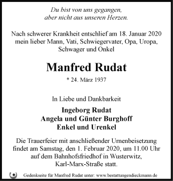 Traueranzeige von Manfred Rudat von Märkische Oderzeitung