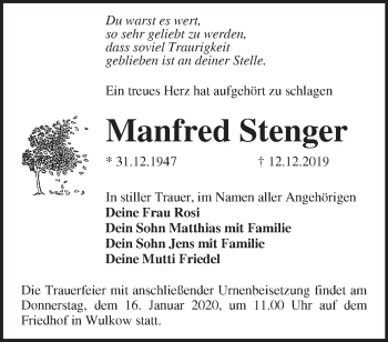 Traueranzeige von Manfred Stenger von Märkische Oderzeitung