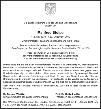 Traueranzeige von Manfred Stolpe von Märkische Oderzeitung