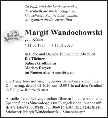 Traueranzeige von Margit Wandochowski von Märkische Oderzeitung