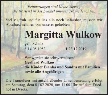 Traueranzeige von Margitta Wulkow von Märkische Oderzeitung