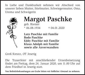 Traueranzeige von Margot Paschke von Märkische Oderzeitung