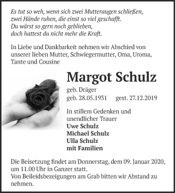 Traueranzeige von Margot Schulz von Märkische Oderzeitung