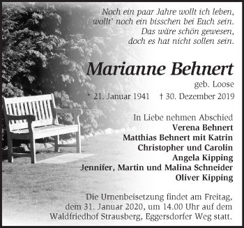 Traueranzeige von Marianne Behnert von Märkische Oderzeitung