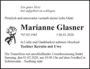 Traueranzeige von Marianne Glasner von Märkische Oderzeitung