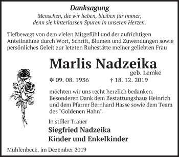 Traueranzeige von Marlis Nadzeika von Märkische Oderzeitung