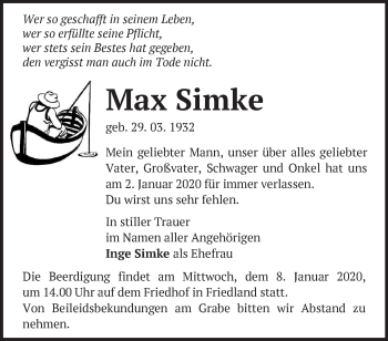 Traueranzeige von Max Simke von Märkische Oderzeitung