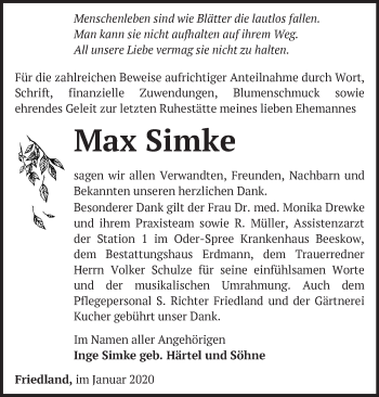 Traueranzeige von Max Simke von Märkische Oderzeitung