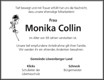 Traueranzeige von Monika Collin von Märkische Oderzeitung