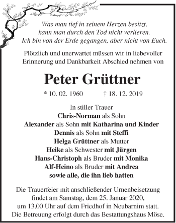 Traueranzeige von Peter Grüttner von Märkische Oderzeitung