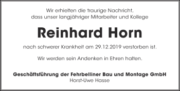 Traueranzeige von Reinhard Horn von Märkische Oderzeitung