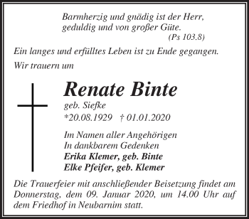 Traueranzeige von Renate Binte von Märkische Oderzeitung