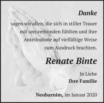 Traueranzeige von Renate Binte von Märkische Oderzeitung