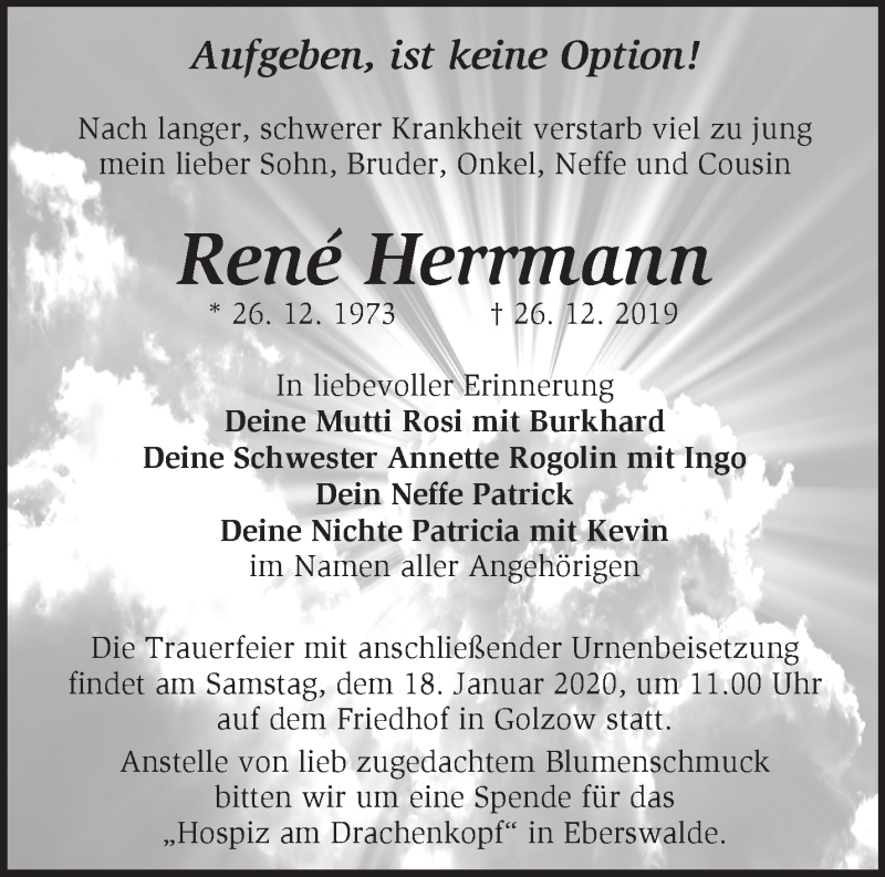  Traueranzeige für René Herrmann vom 12.01.2020 aus Märkische Oderzeitung