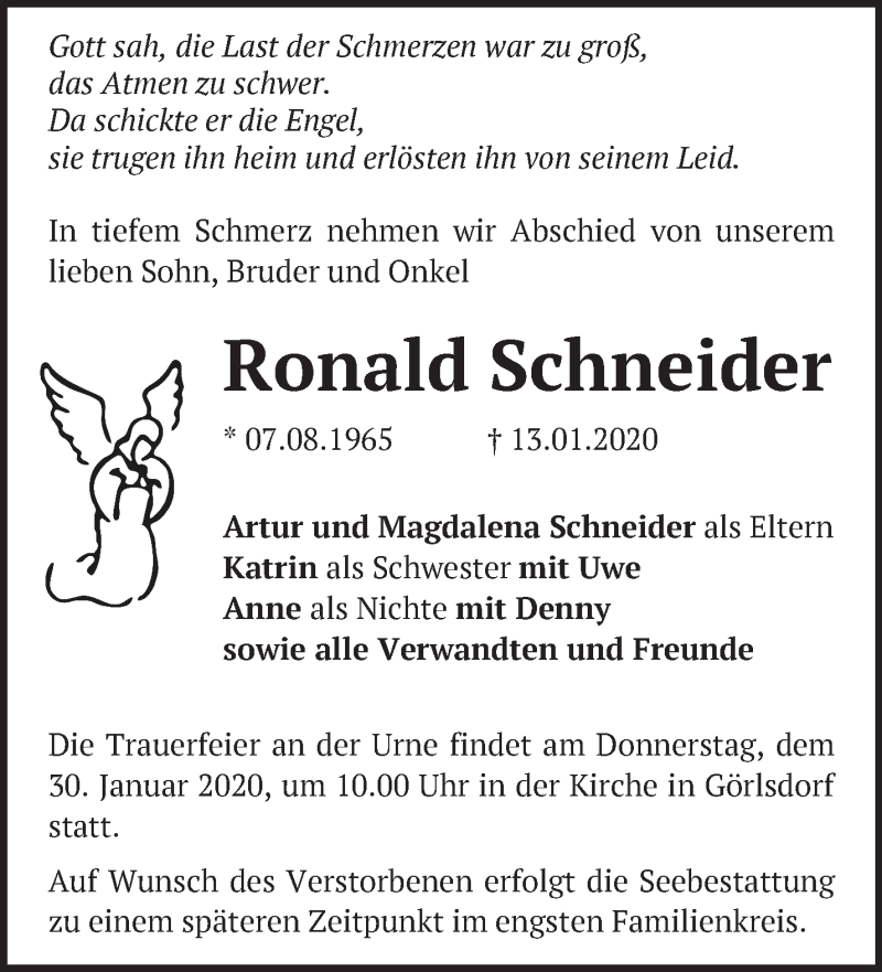  Traueranzeige für Ronald Schneider vom 25.01.2020 aus Märkische Oderzeitung