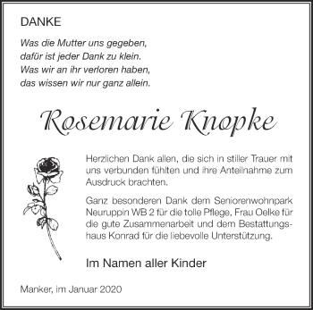 Traueranzeige von Rosemarie Knopke von Märkische Oderzeitung