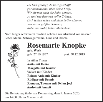 Traueranzeige von Rosemarie Knopke von Märkische Oderzeitung