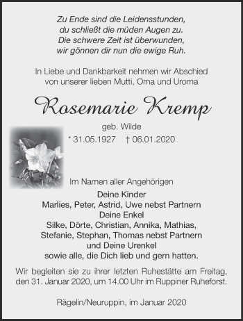 Traueranzeige von Rosemarie Kremp von Märkische Oderzeitung