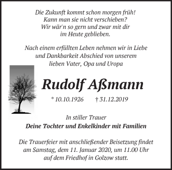 Traueranzeige von Rudolf Aßmann von Märkische Oderzeitung