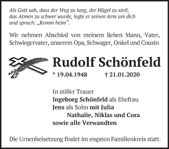 Traueranzeige von Rudolf Schönfeld von Märkische Oderzeitung