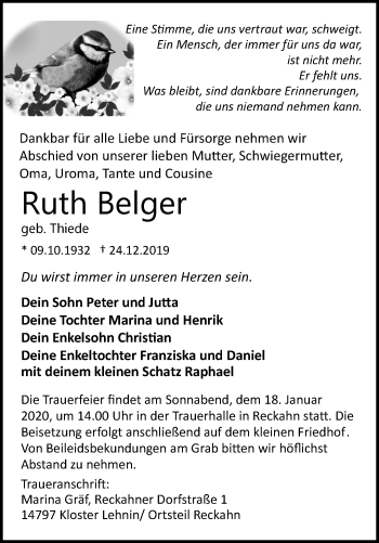 Traueranzeige von Ruth Belger von Märkische Oderzeitung