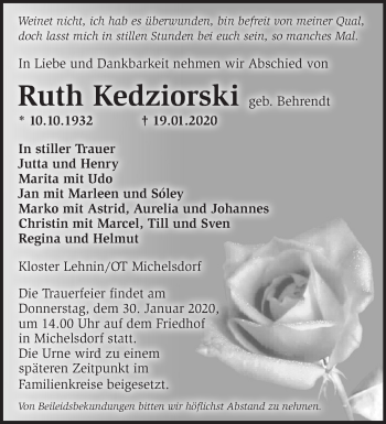 Traueranzeige von Ruth Kedziorski von Märkische Oderzeitung