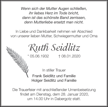 Traueranzeige von Ruth Seidlitz von Märkische Oderzeitung