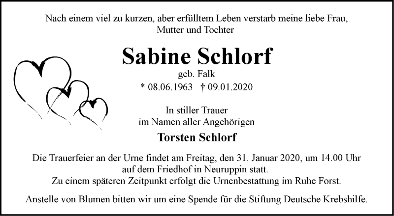  Traueranzeige für Sabine Schlorf vom 18.01.2020 aus Märkische Oderzeitung