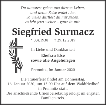 Traueranzeige von Siegfried Surmacz von Märkische Oderzeitung