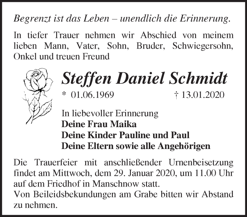  Traueranzeige für Steffen Daniel Schmidt vom 22.01.2020 aus Märkische Oderzeitung
