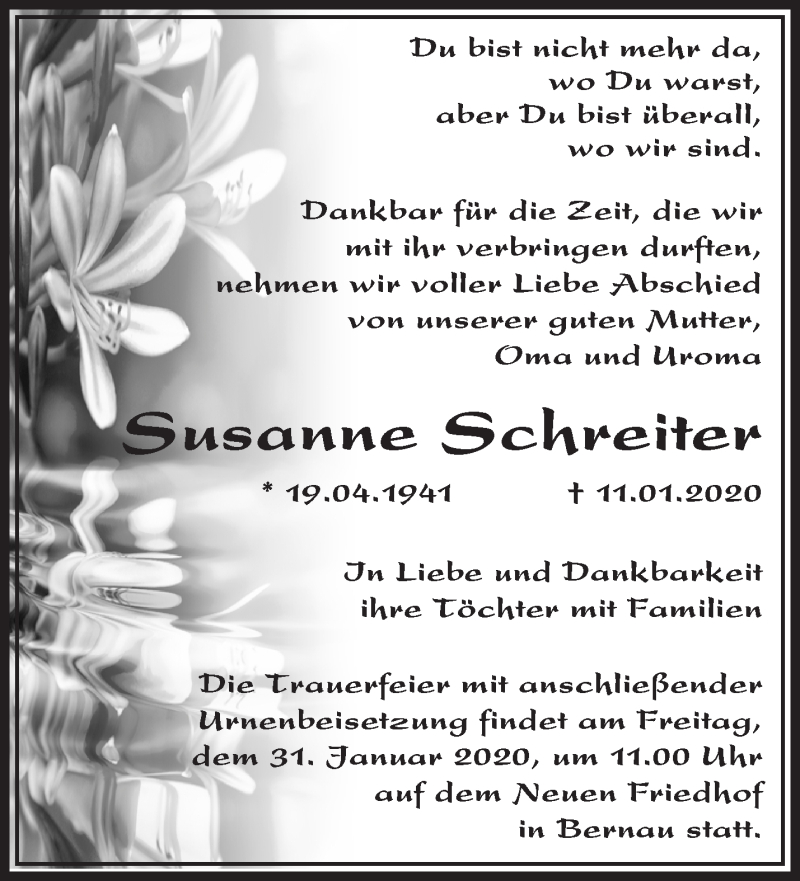  Traueranzeige für Susanne Schreiter vom 18.01.2020 aus Märkische Oderzeitung