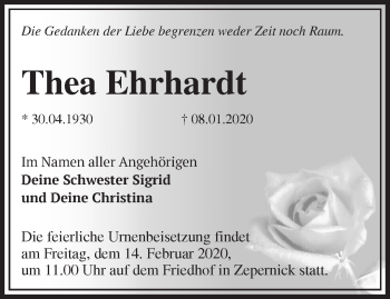 Traueranzeige von Thea Ehrhardt von Märkische Oderzeitung