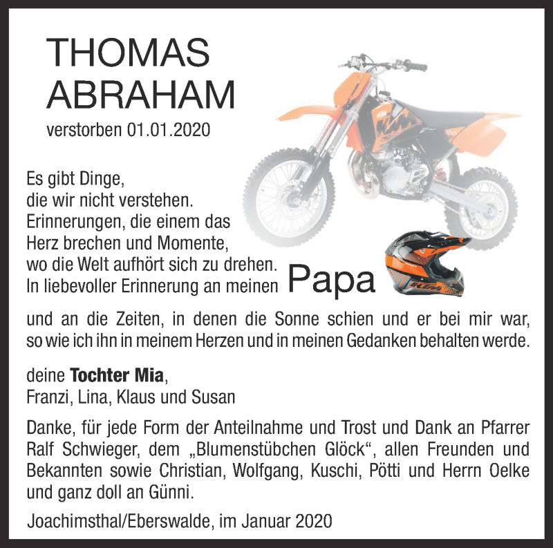  Traueranzeige für Thomas Abraham vom 19.01.2020 aus Märkische Oderzeitung