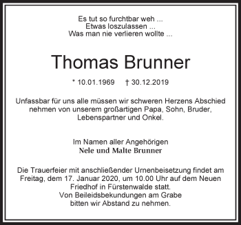 Traueranzeige von Thomas Brunner von Märkische Oderzeitung