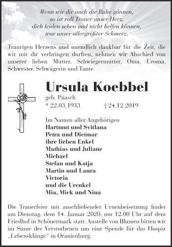 Traueranzeige von Ursula Koebbel von Märkische Oderzeitung