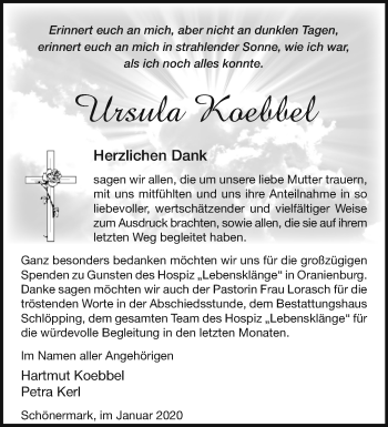 Traueranzeige von Ursula Koebbel von Märkische Oderzeitung