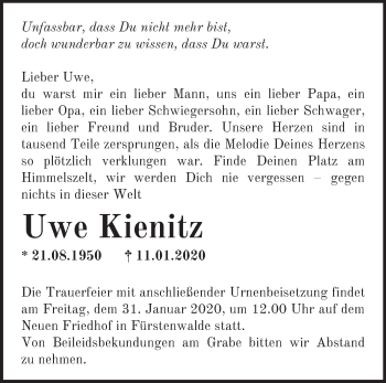 Traueranzeige von Uwe Kienitz von Märkische Oderzeitung