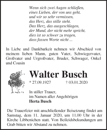 Traueranzeige von Walter Busch von Märkische Oderzeitung