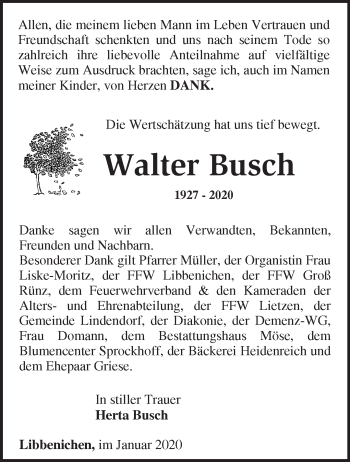 Traueranzeige von Walter Busch von Märkische Oderzeitung