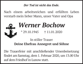 Traueranzeige von Werner Bochow von Märkische Oderzeitung