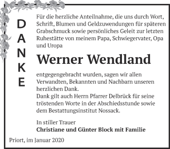 Traueranzeige von Werner Wendland von Märkische Oderzeitung