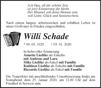 Traueranzeige von Willi Schade von Märkische Oderzeitung