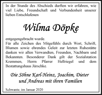 Traueranzeige von Wilma Döpke von Märkische Oderzeitung